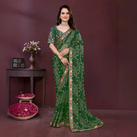 Dark Green Digital Print with Embroidery Work Georgette Saree