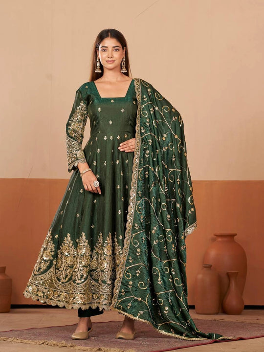 Dark Green Embroidered Codding Suit Anarkali model front view full length KU267