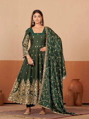 Dark Green Embroidered Codding Suit Anarkali model front view full length KU267