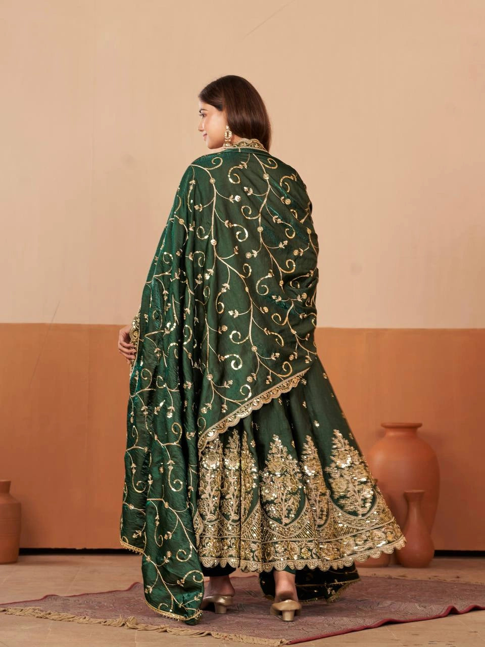 Dark Green Embroidered Suit codding sequins hem sleeve detail KU267