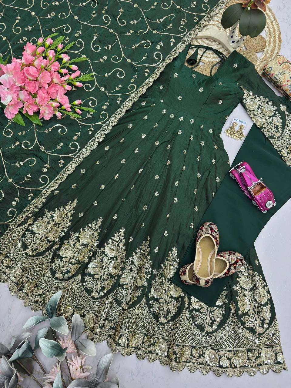 Dark Green Embroidered Codding Suit flatlay complete set overhead KU267