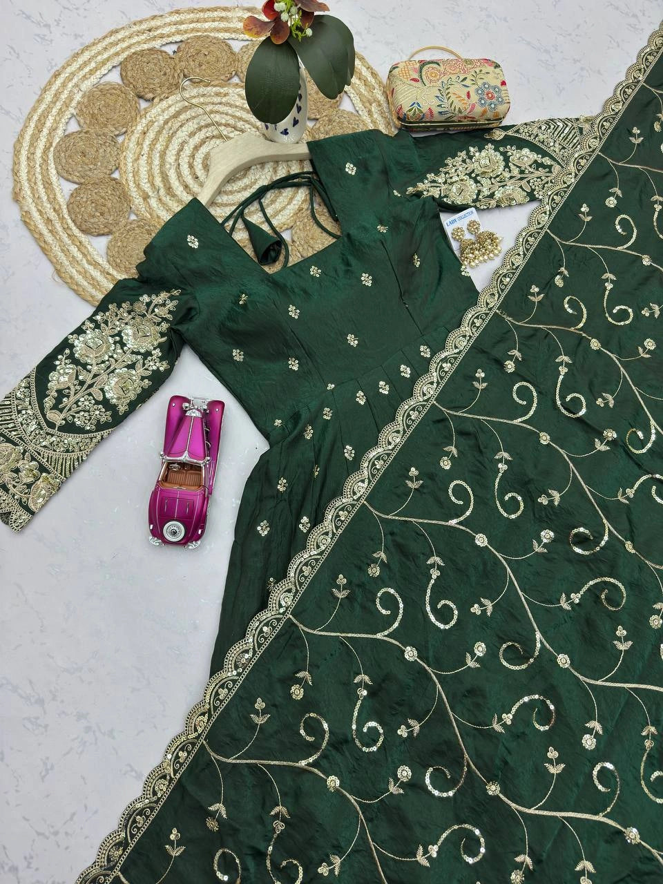 Dark Green Silk Blend Suit dupatta sequins embroidery flatlay detail KU267