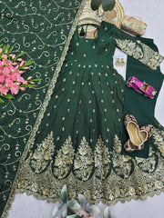 Dark Green Anarkali Suit flatlay hem codding embroidery close up KU267