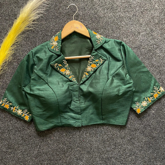 Dark Green Embroidery Work Banglori Silk Blouse