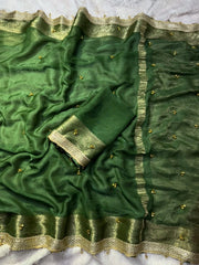 Dark Green Ghungroo Work with Fancy Moti Lace Saree – full drape view