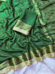 Dark Green fendy chiffon saree with moti lace border and blouse piece