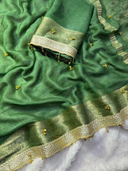Dark Green saree same-tone zari stripe pallu