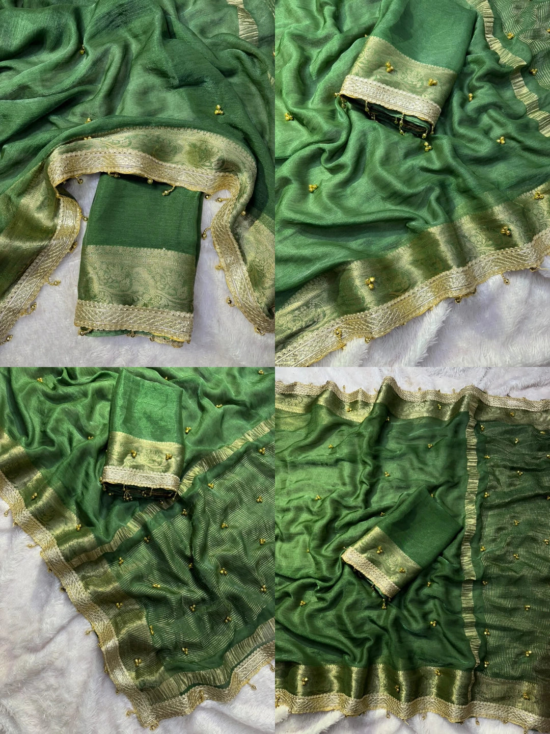 Dark Green Ghungroo Work with Fancy Moti Lace Saree detail views