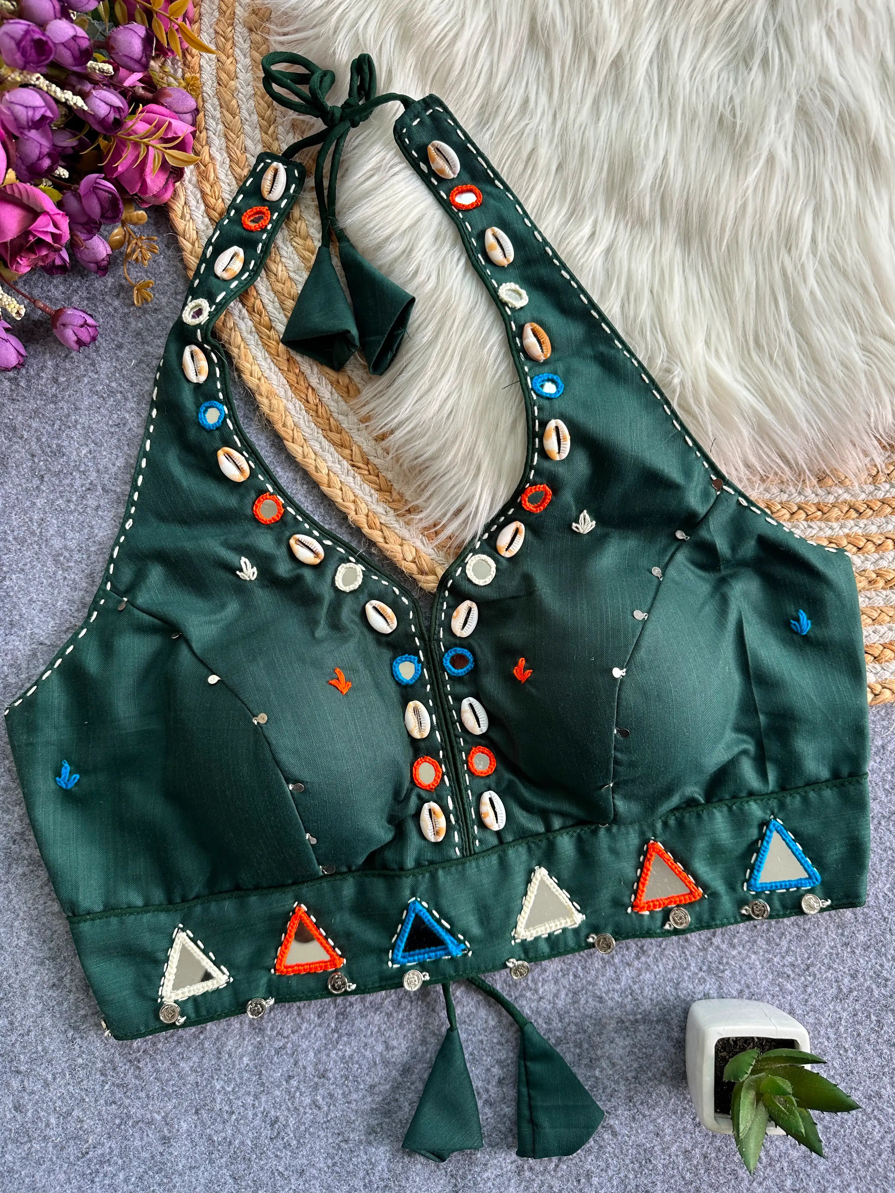 Dark Green Handwork Mirror Work Blouse front view – V-neck cowrie shells mirrors KB43 Kalyanja