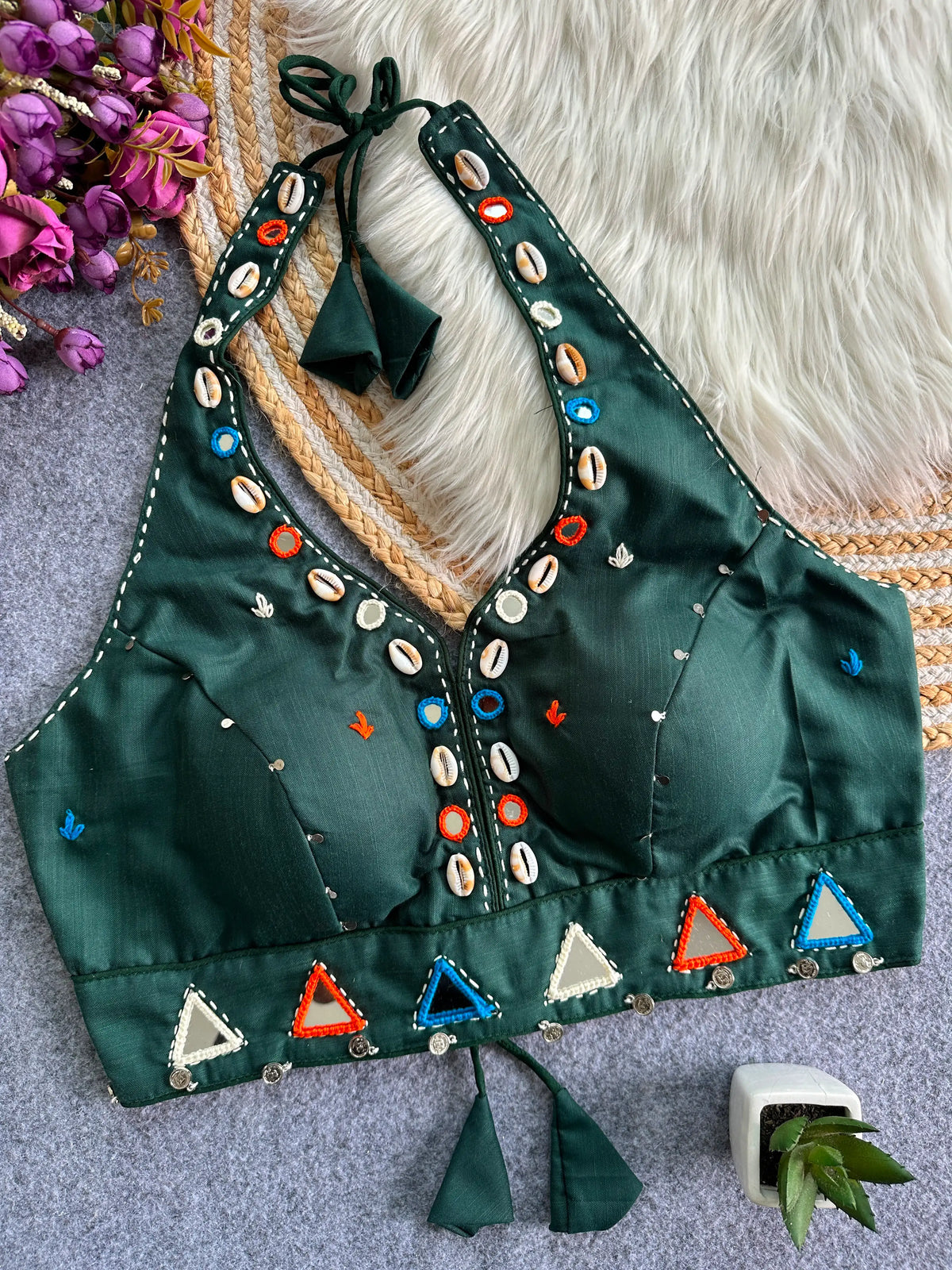 Dark Green Handwork Mirror Work Blouse front view – V-neck cowrie shells mirrors KB43 Kalyanja