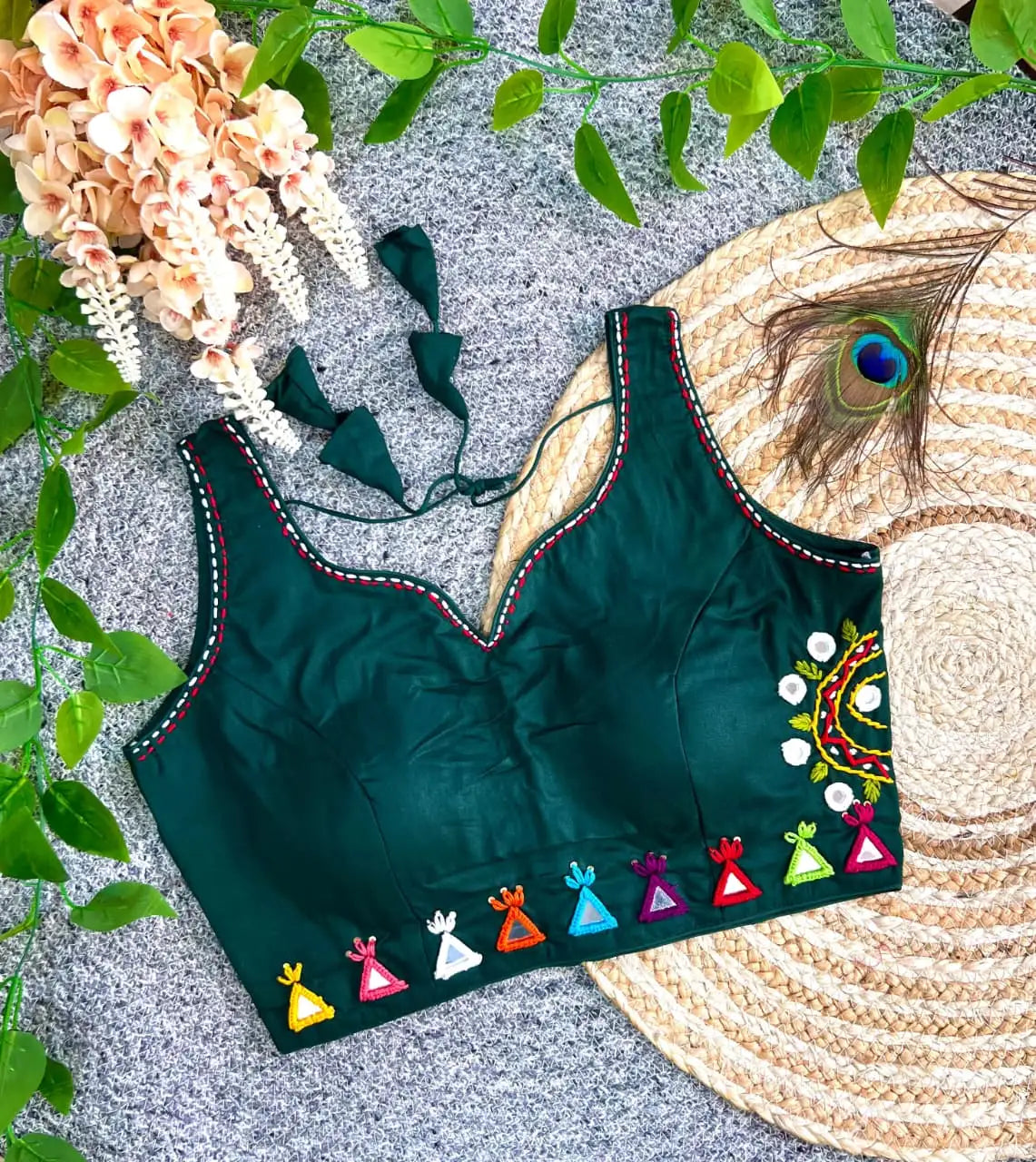 Dark Green Cotton Blend Multi Thread Mirror Work Blouse – Flat Lay