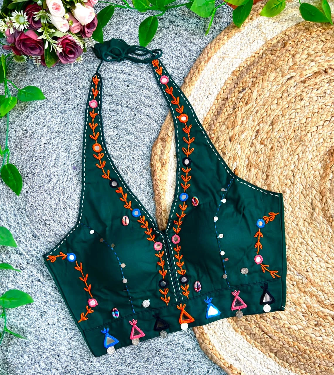 Dark Green Multi Thread with Mirror Work Blouse – Kalyanja KB44