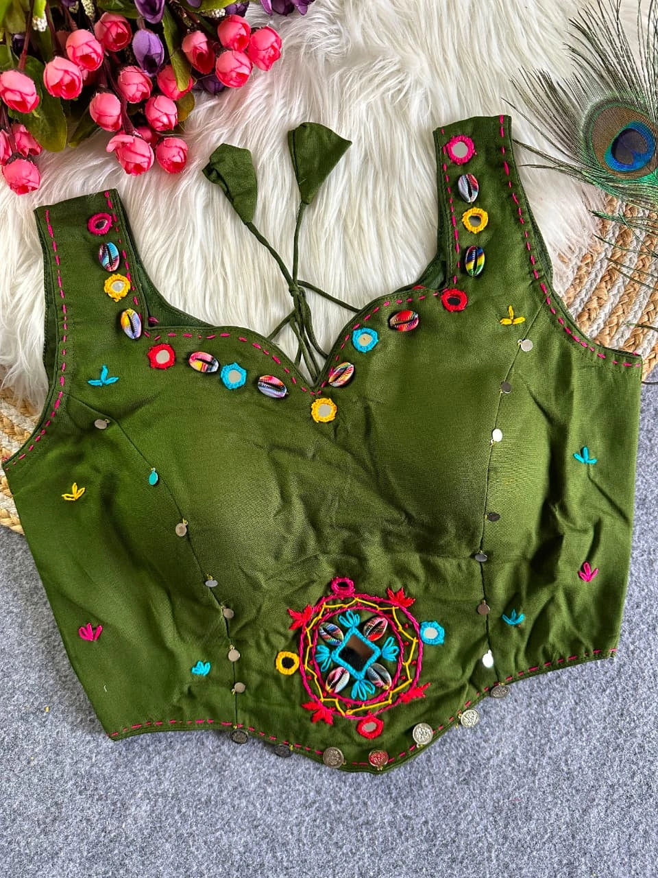 Dark Green Multi Thread with Mirror Work Blouse – Kalyanja KB45