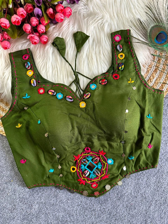 Dark Green Multi Thread with Mirror Work Blouse – Kalyanja KB45