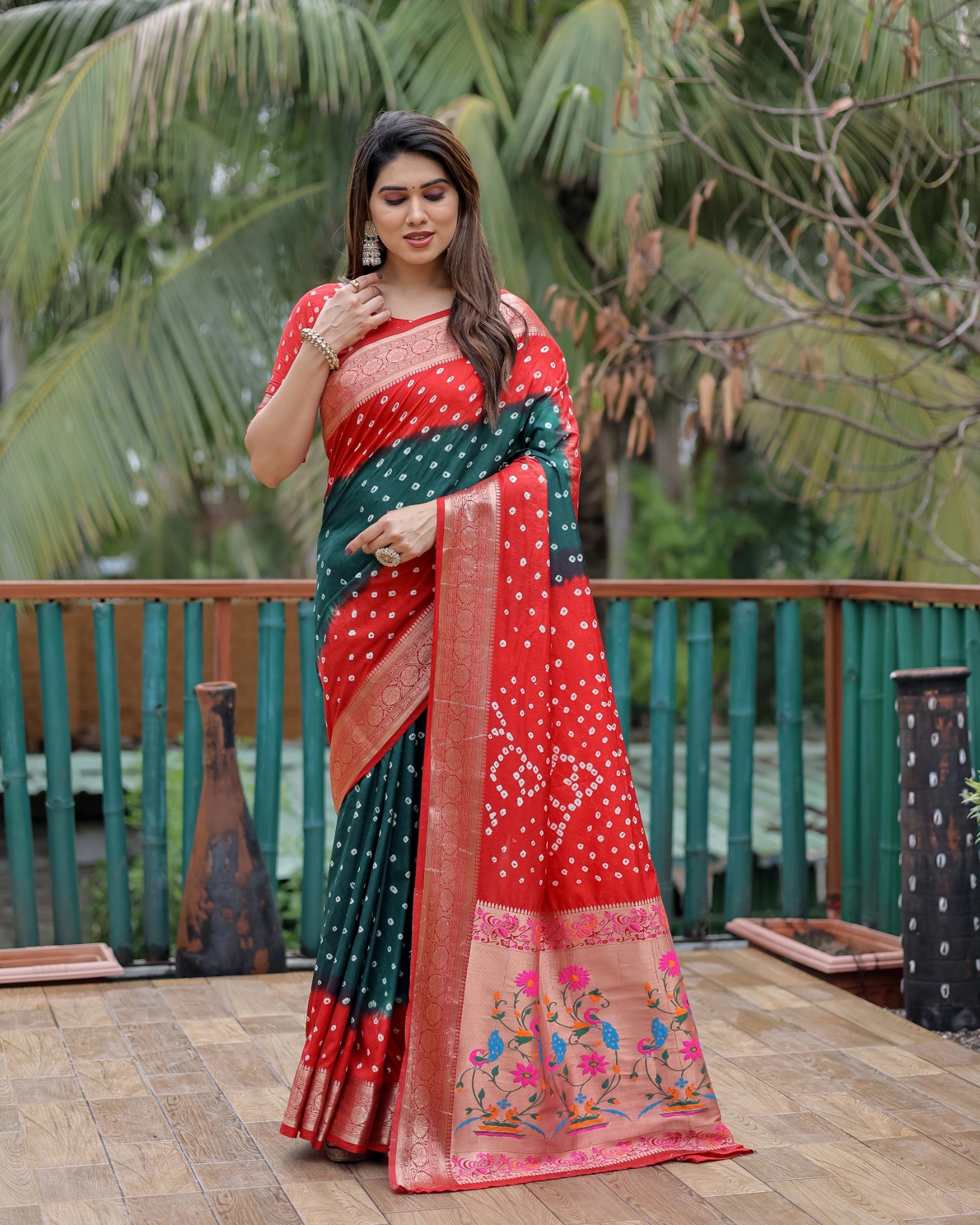 Dark Green Bandhani Paithani Saree – Pallu Detail