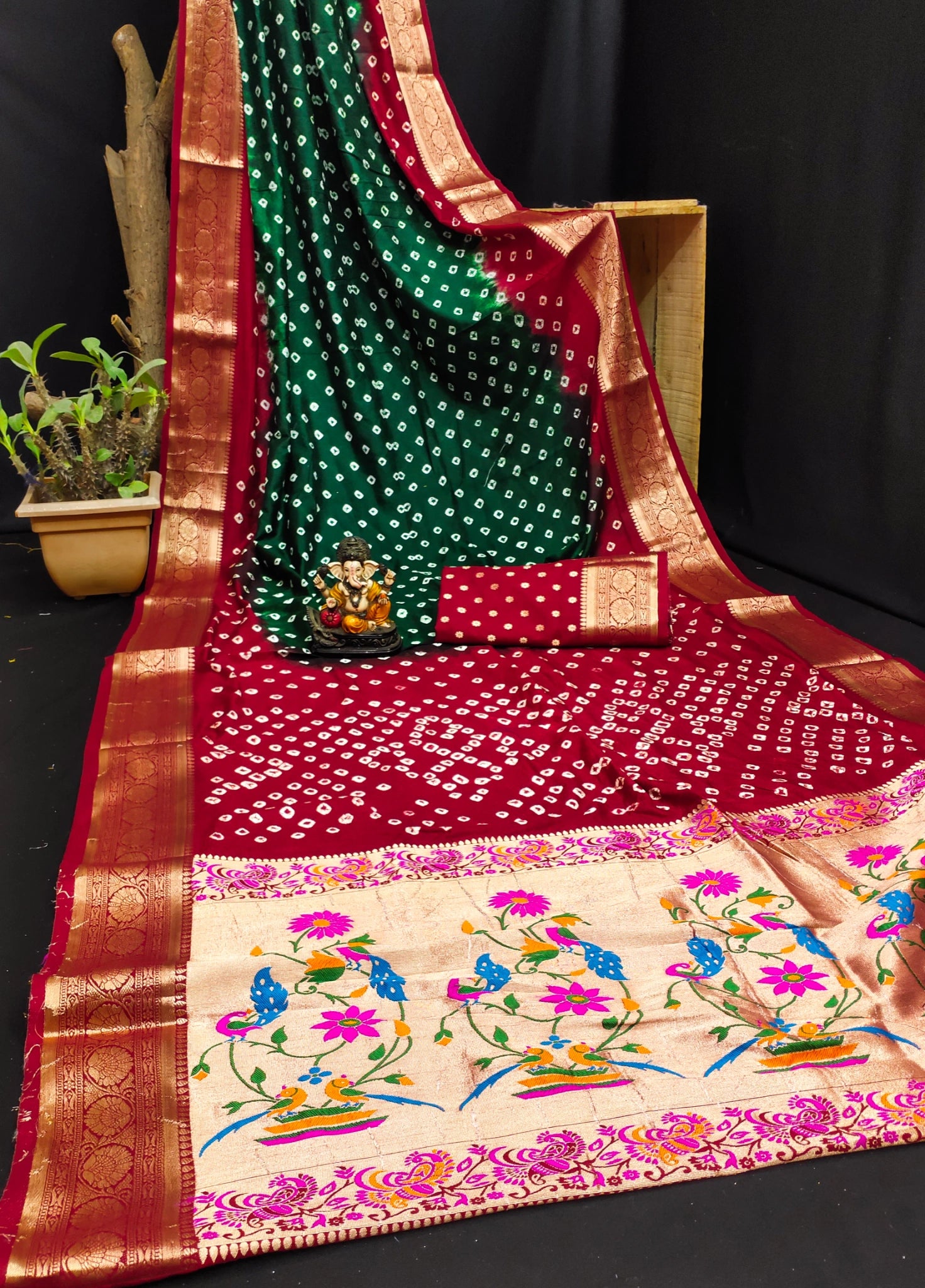 Dark Green Paithani Weaving Saree KS387 – Flat Lay