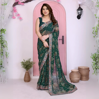 Dark Green Rajwadi Bandhej Print with Heavy Embroidery Work Georgette Saree