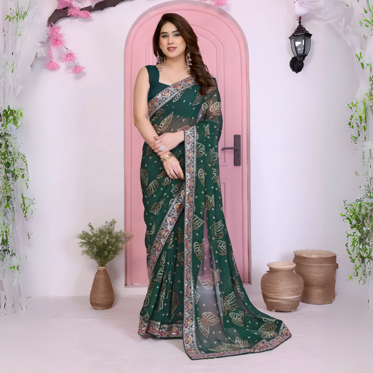 Dark Green Rajwadi Bandhej Print with Heavy Embroidery Work Georgette Saree