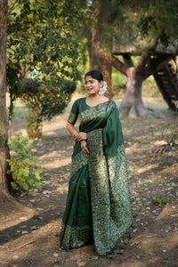 Dark Green Gala Border Pattern Raw Silk Saree
