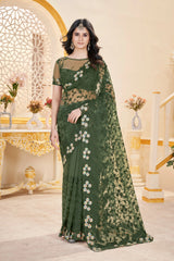 Dark Green Thread Embroidered Saree | Butterfly Net | KS388 | Kalyanja