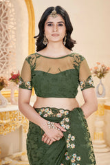 Dark Green Thread Embroidered Saree Side View | Butterfly Net | KS388 | Kalyanja