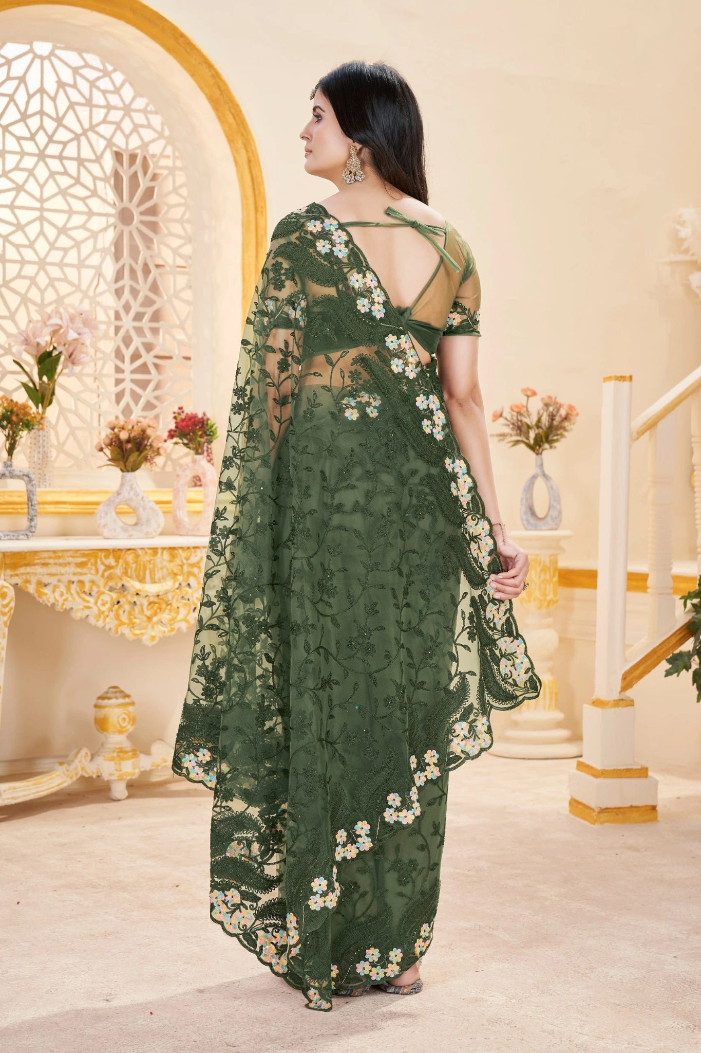 Dark Green Thread Embroidered Saree Back View | Butterfly Net | KS388 | Kalyanja