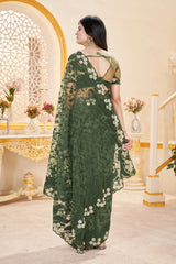 Dark Green Thread Embroidered Saree Back View | Butterfly Net | KS388 | Kalyanja