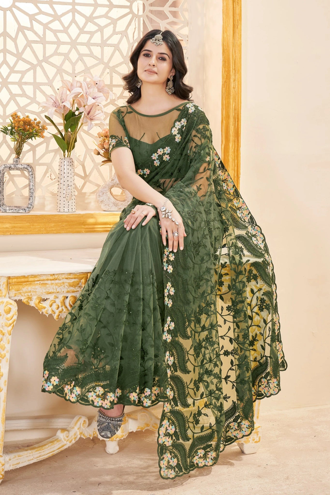 Dark Green Thread Embroidered Saree Detail View | Butterfly Net | KS388 | Kalyanja