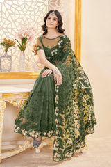 Dark Green Thread Embroidered Saree Detail View | Butterfly Net | KS388 | Kalyanja