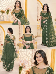 Dark Green Thread Embroidered Saree Collage | Butterfly Net | KS388 | Kalyanja