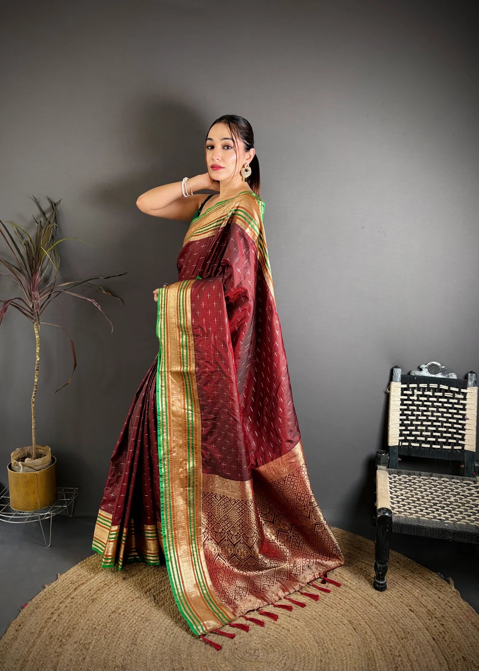 Dark Maroon Zari Weaving Saree three-quarter view – KS373