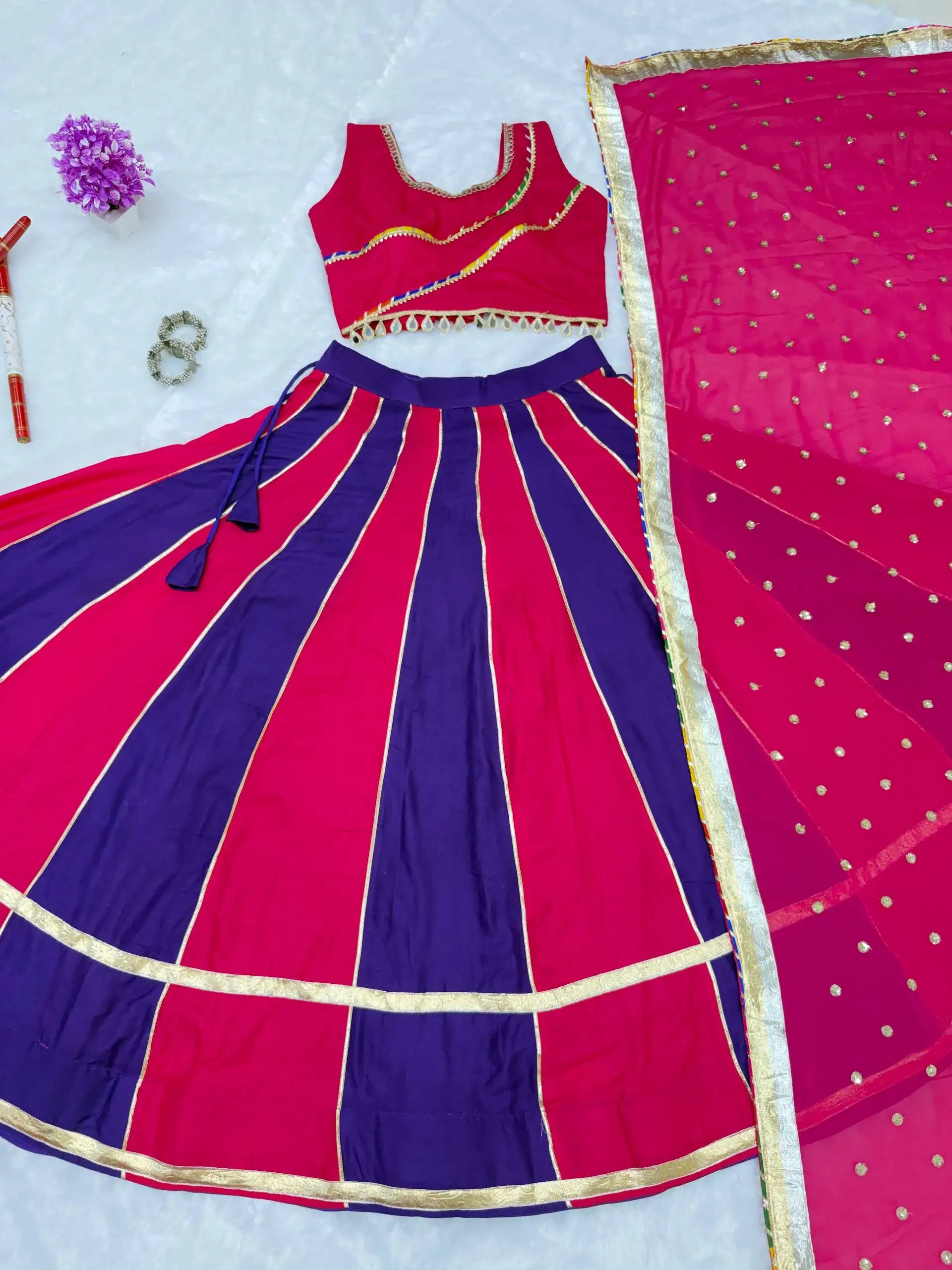 Dark Pink and Purple Fancy Lace Work Lehenga Flat Lay Kalyanja KL176