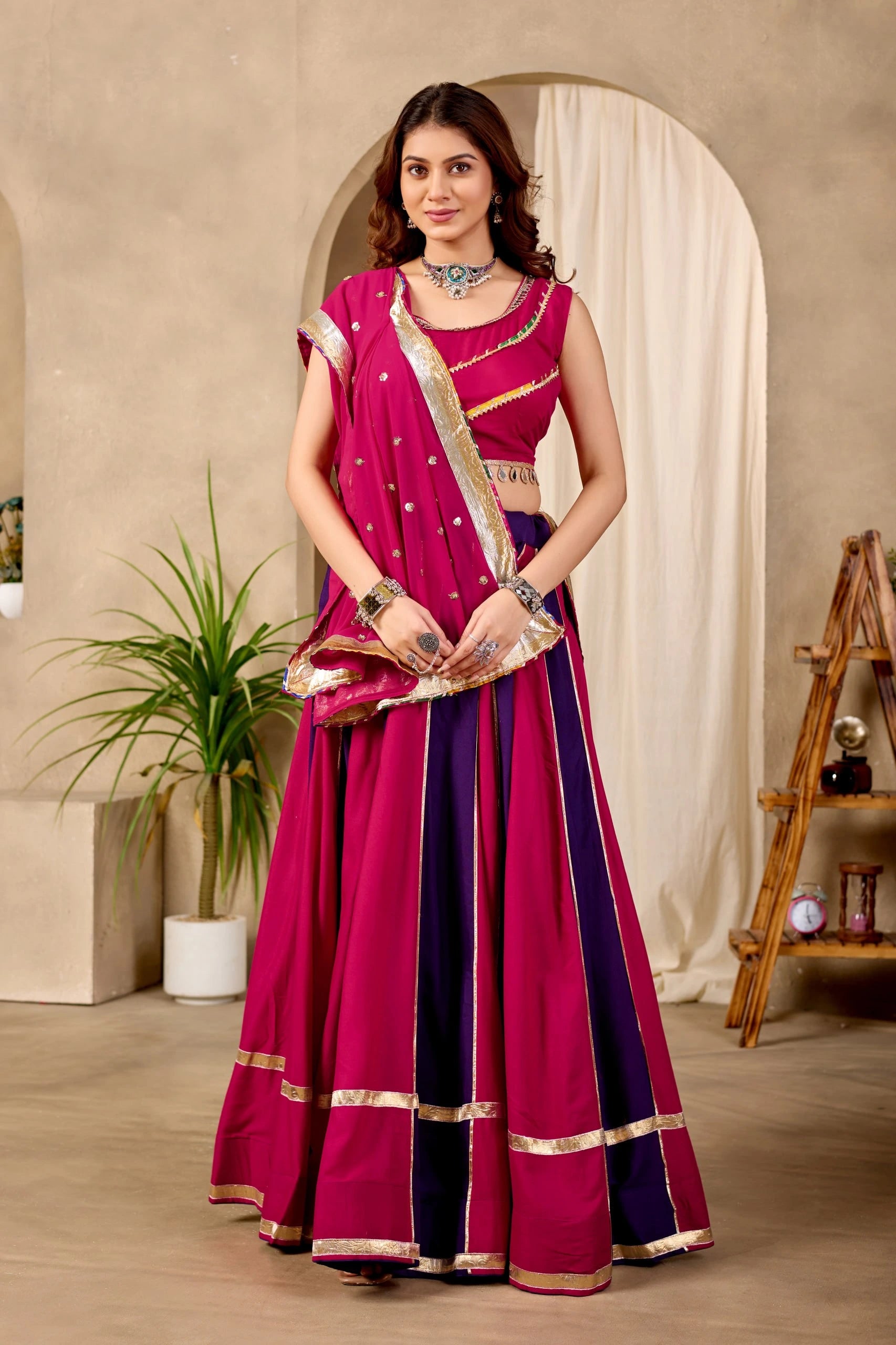 Dark Pink Purple Panelled Lehenga Standing Front View KL176