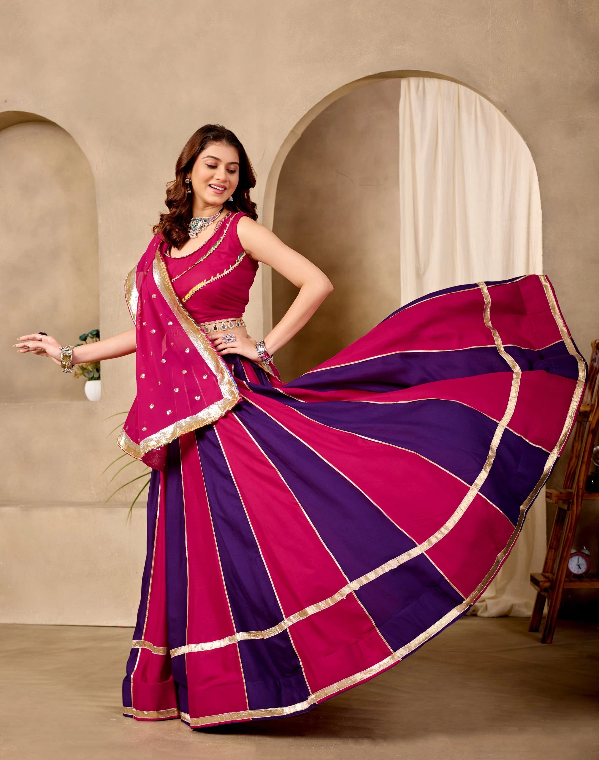 Dark Pink Purple Cotton Blend Lehenga Dancing Navratri KL176