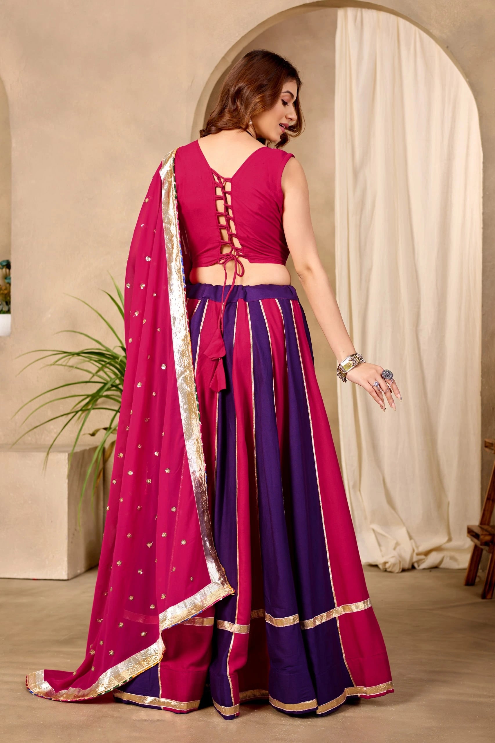 Dark Pink Purple Lehenga Back View Deep Back Dori Tie Up KL176