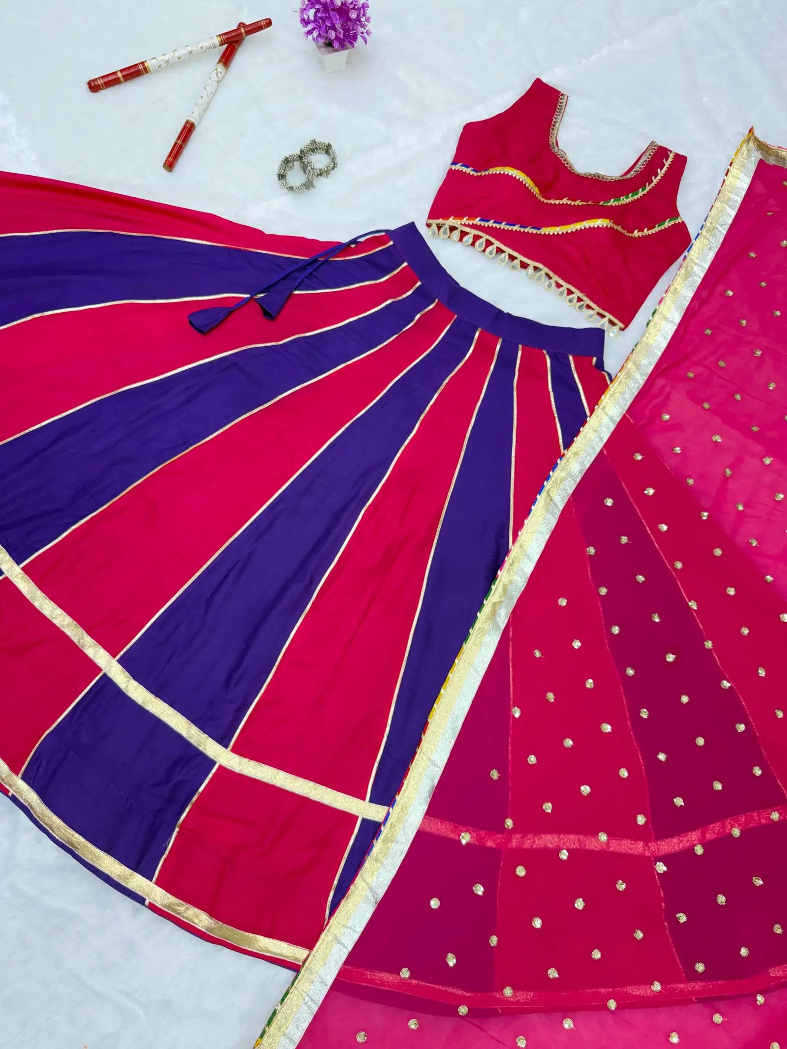 Cotton Blend Panelled Lehenga Set Flat Lay Alternate KL176