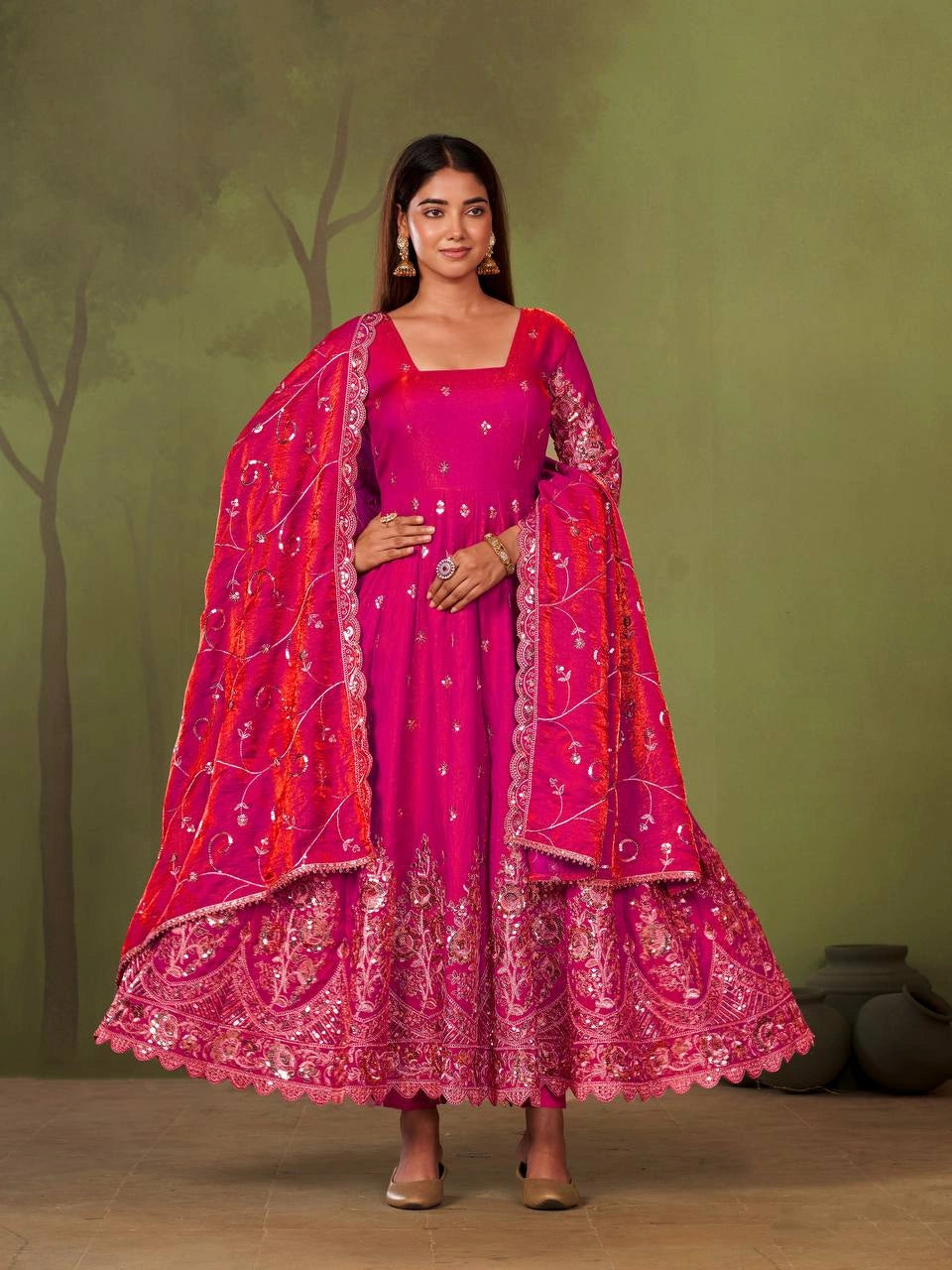 Dark Pink Embroidered Codding Suit Anarkali model front view full length KU267