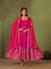 Dark Pink Embroidered Codding Suit Anarkali model front view full length KU267