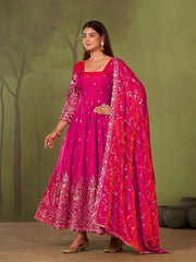 Dark Pink Anarkali Silk Blend Suit model three quarter view with dupatta KU267