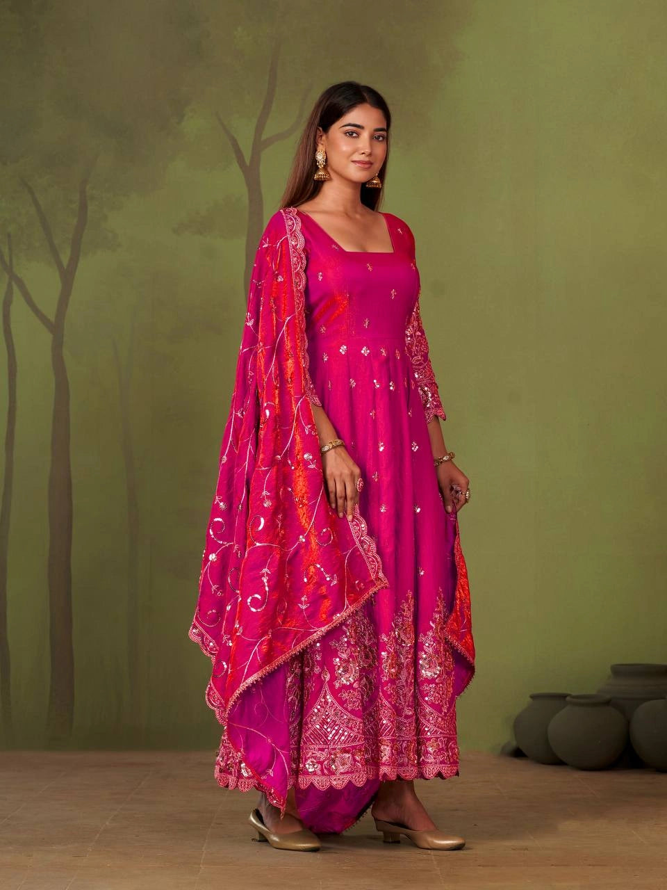 Dark Pink Embroidered Suit close up codding sequins hem detail KU267