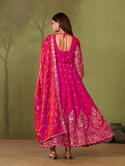 Dark Pink Anarkali Suit back view open dori tie-up neckline KU267