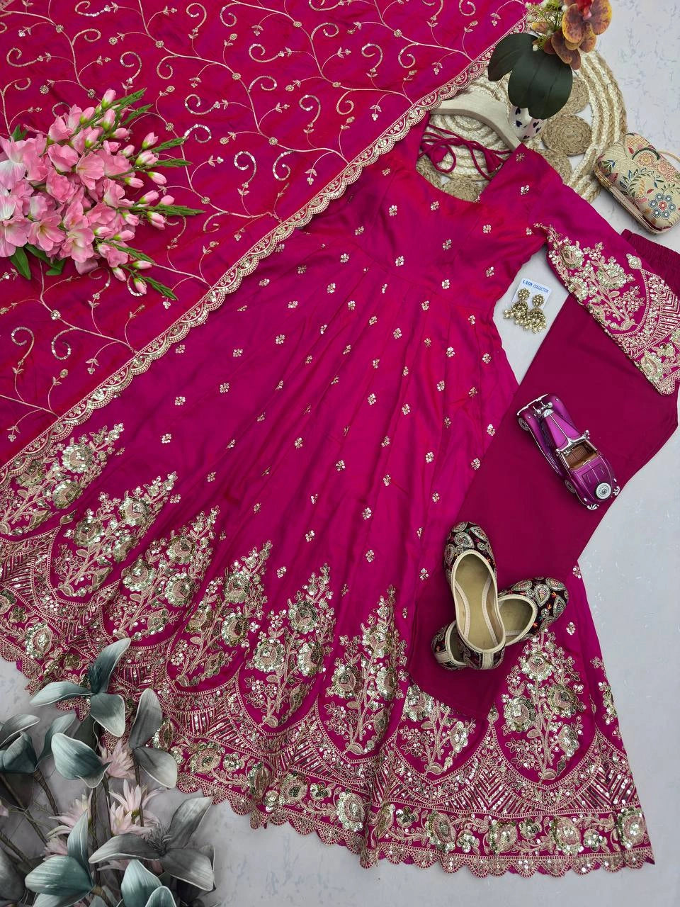 Dark Pink Embroidered Codding Suit flatlay complete set overhead KU267