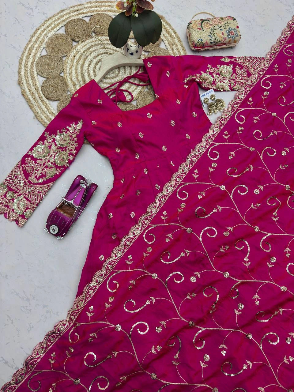 Dark Pink Silk Blend Suit dupatta sequins embroidery flatlay detail KU267