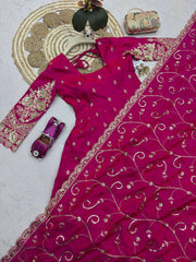 Dark Pink Silk Blend Suit dupatta sequins embroidery flatlay detail KU267
