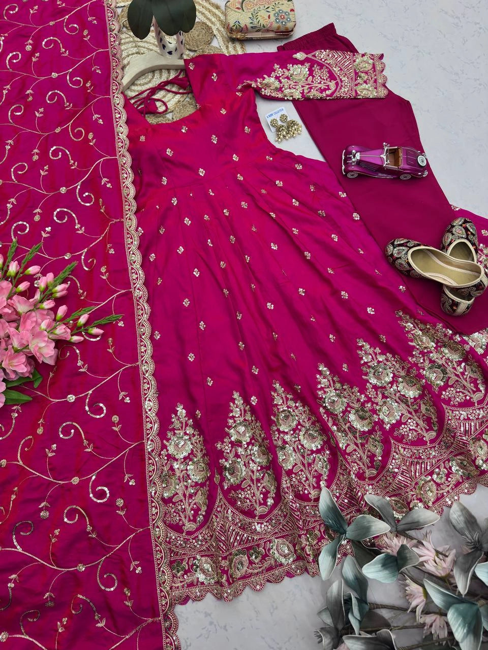 Dark Pink Anarkali Suit flatlay hem codding embroidery close up KU267