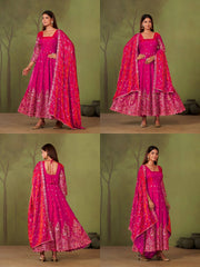 Dark Pink Embroidered Suit complete three piece set flatlay KU267