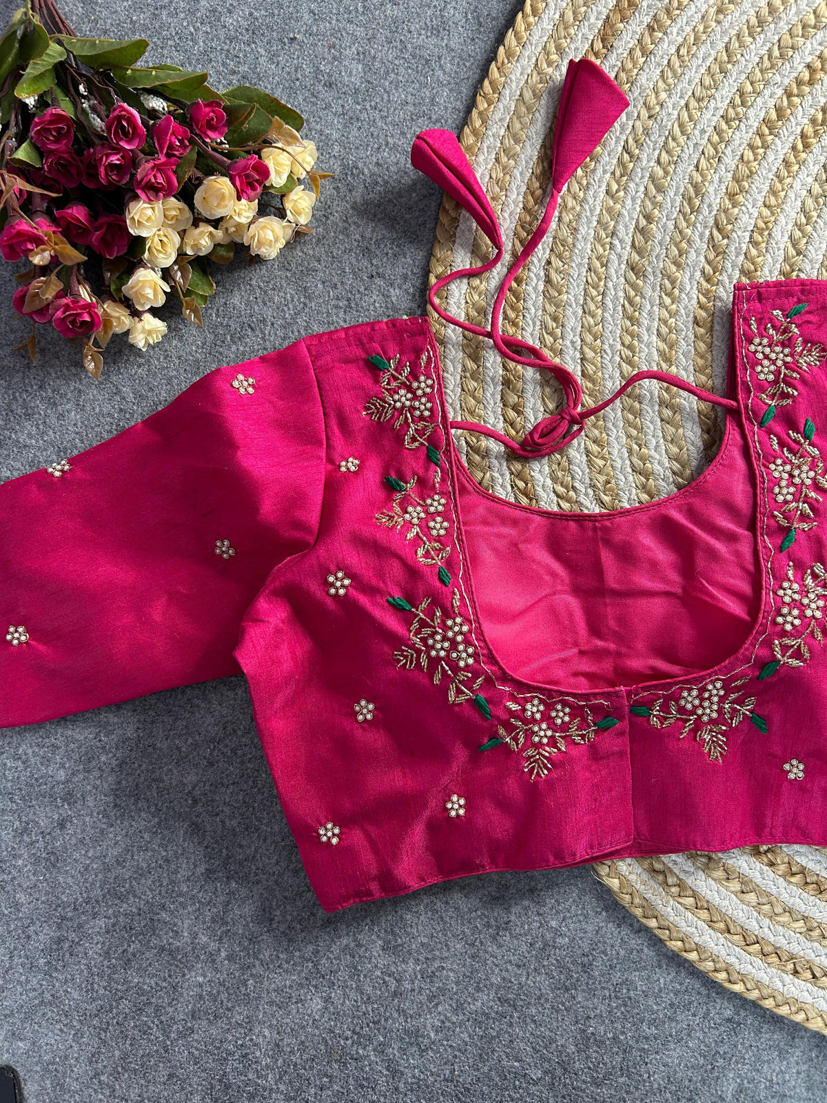 Dark pink floral embroidery Banglori silk blouse with intricate design, ideal for traditional and festive occasions.