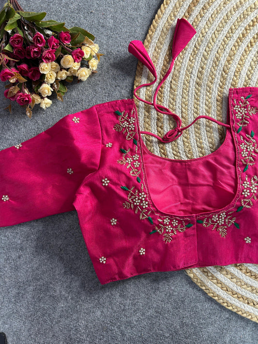 Dark pink floral embroidery Banglori silk blouse with intricate design, ideal for traditional and festive occasions.
