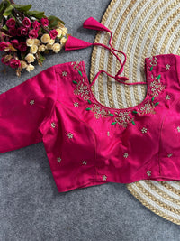 Dark Pink Floral Embroidery Banglori Silk Blouse