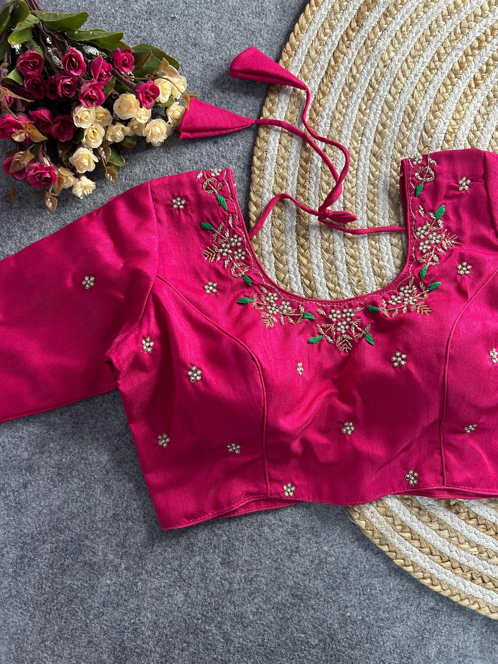 Dark Pink Floral Embroidery Banglori Silk Blouse